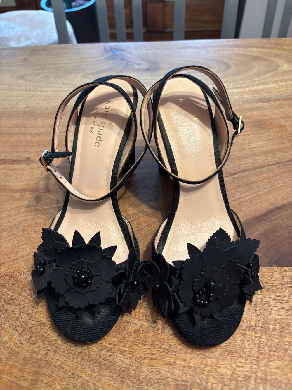 kate spade Black Floral Open-Toe Ankle-Strap Heels